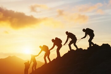 Naklejka premium Teamwork conquers all. Climbers ascend a mountain at sunset, supporting each other.