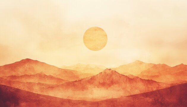 Watercolor Sunset Over Rolling Mountain Ranges
