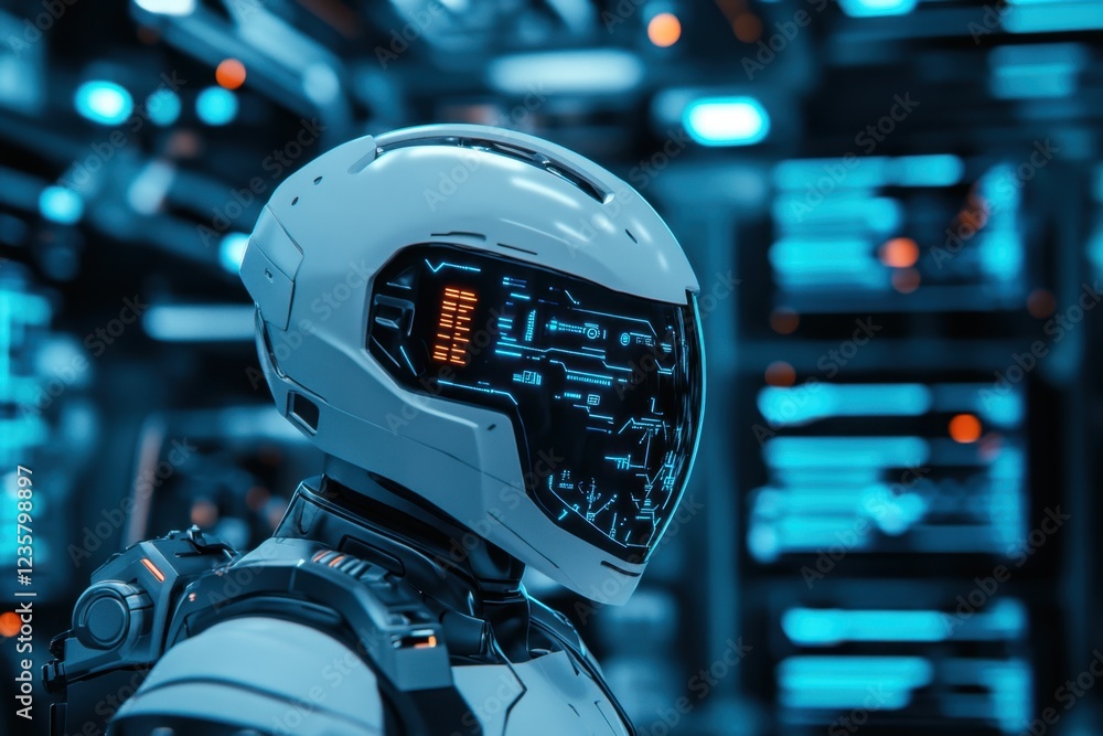 Poster futuristic robot in a high-tech environment, its helmet displaying digital information.