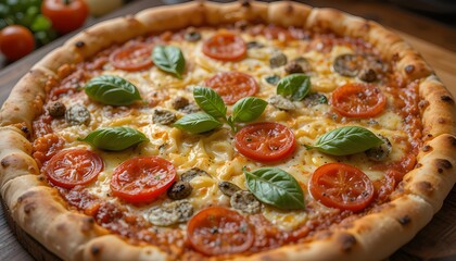 Pizza on a table with green mint 