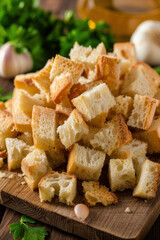 A pile of crispy homemade garlic croutons on a rustic wooden board, surrounded by fresh parsley, garlic cloves, and olive oil, perfect for salads or soups.  
