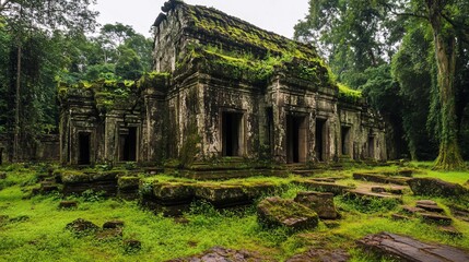 Obraz premium Ancient stone temple ruins overgrown with moss in a lush tropical rainforest setting