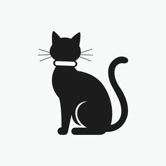Black Cat Lying Down Icon with Collar,  Simple, black silhouette icon of a cat lying down