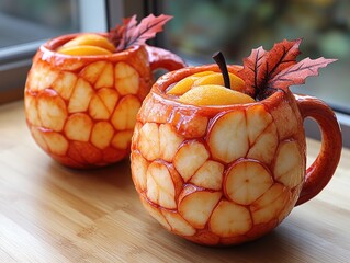 Artistic fruit cups made from carved pineapples filled with vibrant peaches and decorative leaves