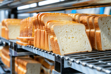 Rows of freshly baked white bread neatly arranged on a conveyor belt in a commercial bakery, showcasing soft texture and golden crust.  
