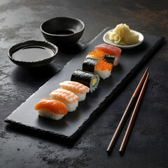 Fresh sushi rolls with chopsticks on a plate