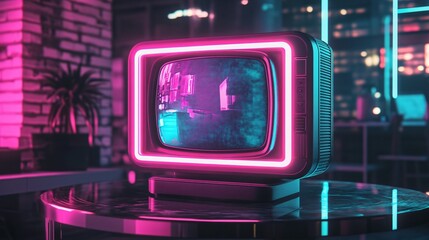 A futuristic 80s-style retro TV, surrounded by glowing neon rings, placed on a sleek glass table in a dimly lit room