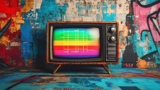 A funky retro TV with a rainbow test pattern screen, surrounded by graffiti-style art, isolated on a grungy urban background