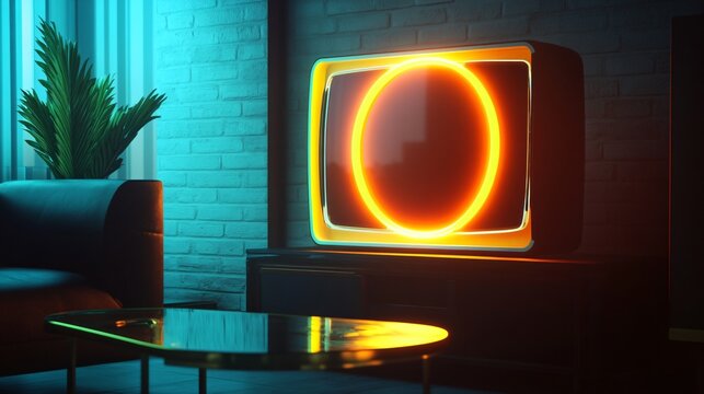 A futuristic 80s-style retro TV, surrounded by glowing neon rings, placed on a sleek glass table in a dimly lit room