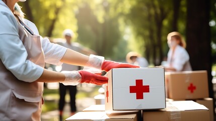 Red Cross volunteers work together, lifting aid boxes at the scene to provide urgent relief. A powerful image of unity and compassion, perfect for International Red Cross Day and medical aid campaigns
