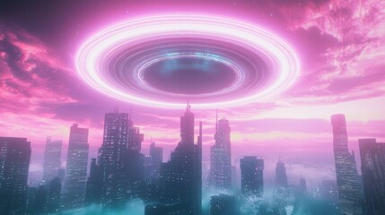 Obraz premium Glowing Retro-Futuristic Skyline with Rings Encircling Planet - Sci-Fi Dream Concept