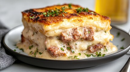 Creamy Sausage Casserole, kitchen, close-up, food photography