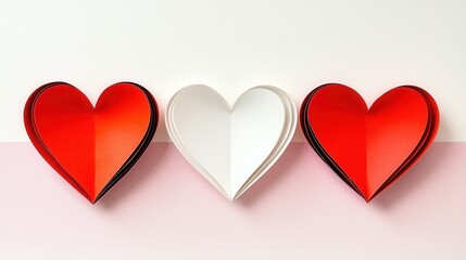 Three decorative hearts in red and white on a soft background., Valentine's Day concept