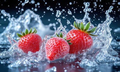 Fresh strawberries splashing in water