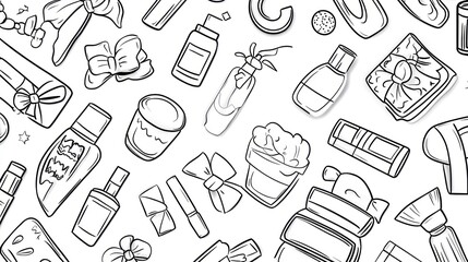 Beauty products pattern, gift bows, white background; website, blog