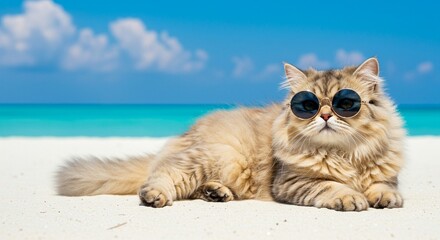 Obraz premium Cool Cat in Sunglasses on a Sunny Beach: A Serene Summer Image