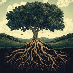 Majestic Tree Showing Extensive Roots and Birds