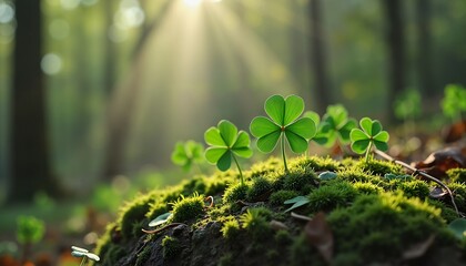 Sunlit shamrocks in lush forest, green nature, symbolizes luck and St. Patricks Day