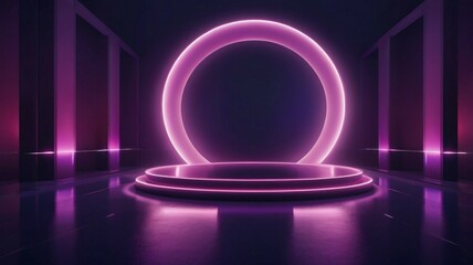 Neon glowing round podium in dark room. 3D Rendering