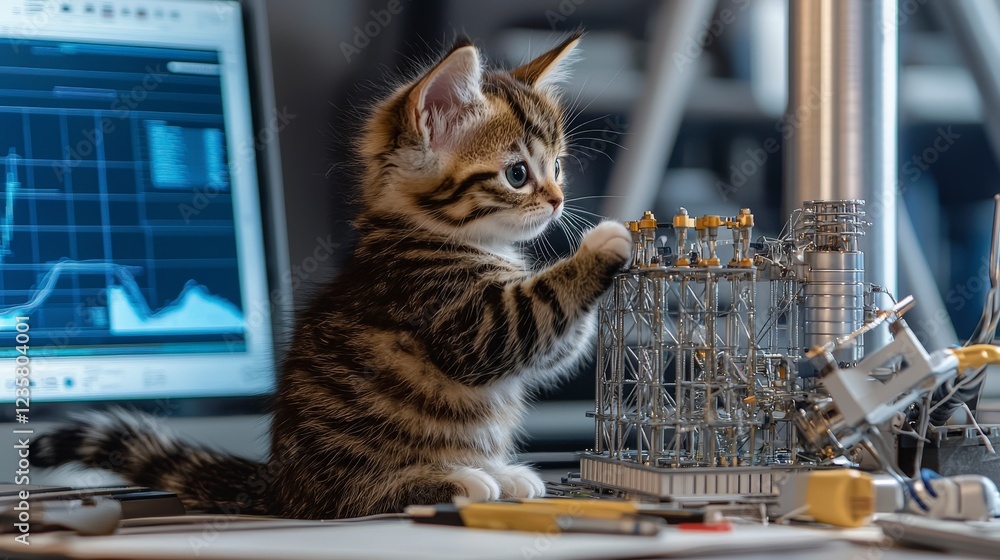 Poster Innovative kitten engineer designing advanced wind turbine in a tech lab playful environment creative perspective