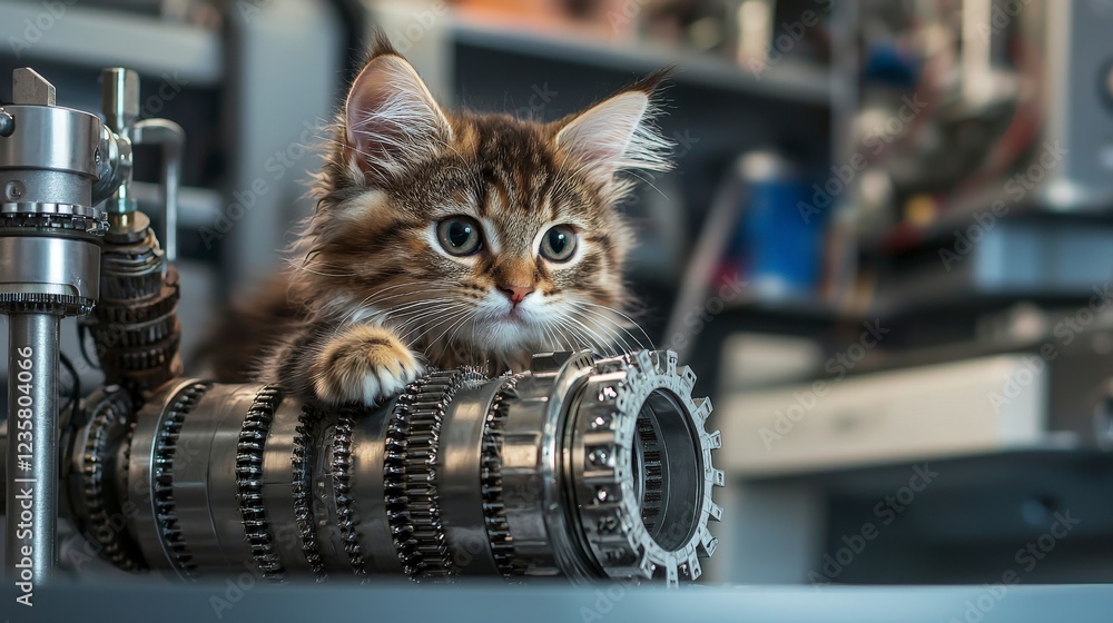 Poster innovative kitten engineer crafts advanced wind turbine in workshop a close-up on playful engineerin