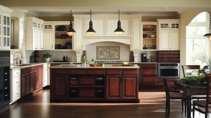 A modern kitchen featuring dark wood accents and bright cabinetry, designed for cooking and gathering.