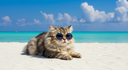 Cool Cat in Sunglasses on Tropical Beach: A Summer Idyll
