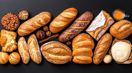 Assorted artisan breads, nuts, and tea on dark background; food photography for bakery menu