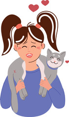 girl with cat.Vector Illustration of a Cute Girl Hugging Her Cat – Adorable Pet Love Concept, Furry Friend on Her Shoulders, Warm and Cozy Moment, Perfect for Animal Lovers, Greeting Cards, and Poster