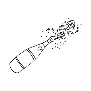 recommend clip art: champagne bottle with popping cork with foam and splashes - hand drawn line art