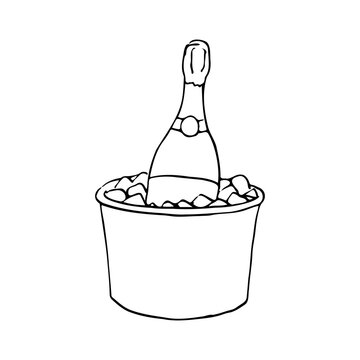 recommend clip art: unopened bottle of champagne stands in a bucket with ice - hand drawn line art