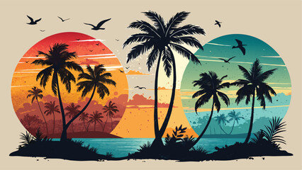 Palm Tree Sunset Scene - Colorful Vector Design

