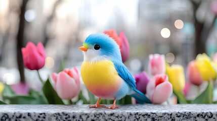 Colorful bird figurine among tulips, city background; spring card