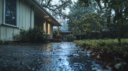 Fototapeta premium Rainy evening, house patio, wet ground, peaceful scene.