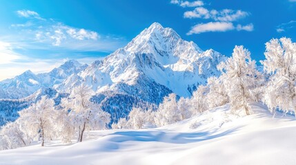 Naklejka premium Snowy mountain peak winter landscape, frosted trees, blue sky