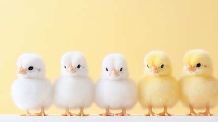 Fototapeta premium Five fluffy chicks on yellow background, Easter greeting
