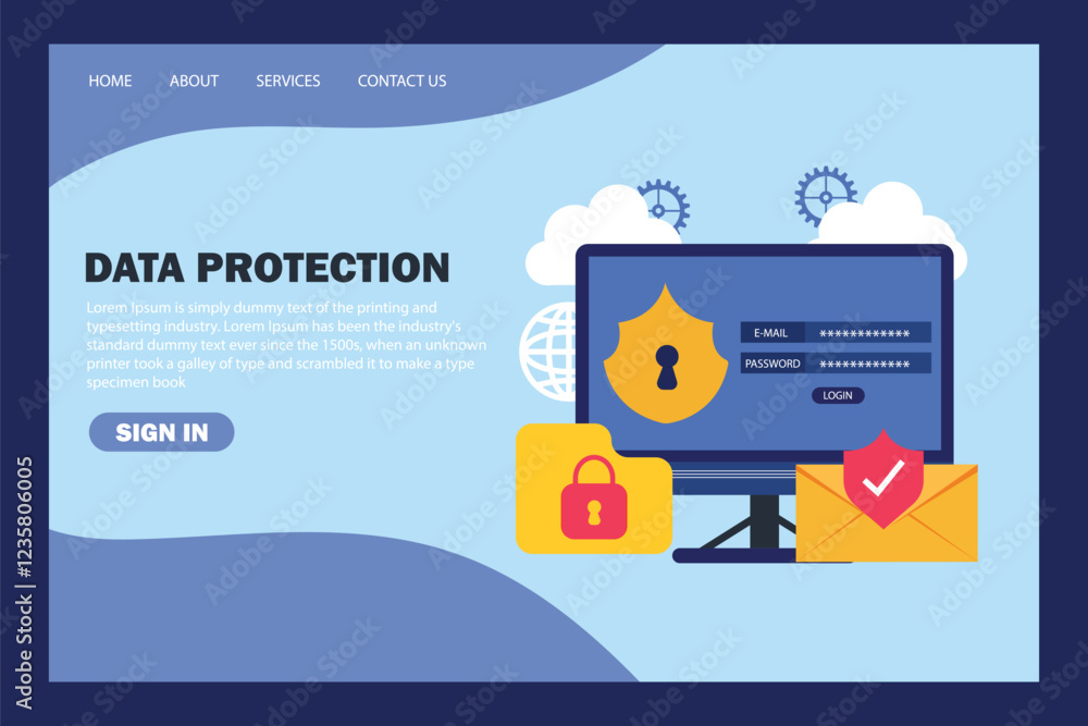 Poster data protection and cyber security. web landing page design