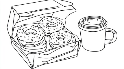 Donuts and coffee breakfast; bakery box, mug;  white background; food illustration