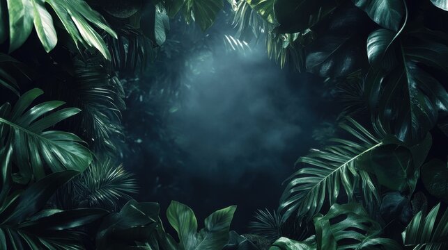 Wooden frame with spirit light in tropical leaves on black background with copy space. Magical portal with mysterious luminous mist. Border with paranormal extrasensory light haze.