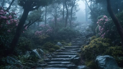 Fototapeta premium Misty forest path stairs, rhododendrons, fog, garden, fantasy