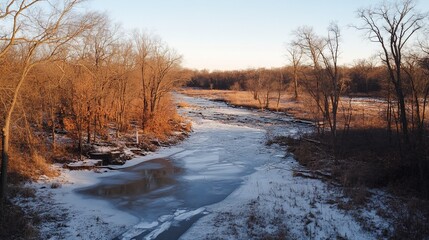 A frozen river winding through a snowy forest landscape under a clear sky at dawn