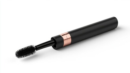 A mascara tube lying flat with its wand resting next to it, displaying the bristles up close. The clean white background ensures the product stands out.