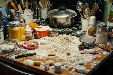 Messy kitchen countertop, flour explosion, baking disaster.