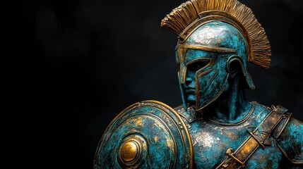 Bronze Spartan warrior statue, dark background, history