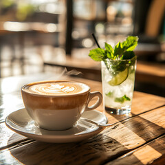 Different cups of coffee and cappuccino with mint on a table