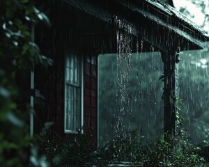 Rain pours from eaves, soaking verdant plants.