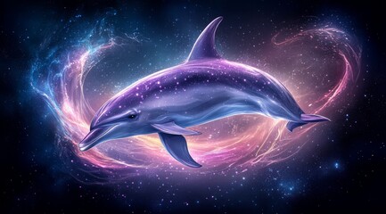 Fototapeta premium Dolphin swimming through a cosmic sea of colors illuminated by vibrant galaxies and celestial phenomena captured in a mesmerizing artistic representation