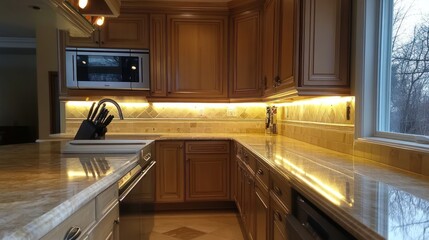 A modern kitchen featuring wooden cabinetry, stone countertops, and ambient lighting.