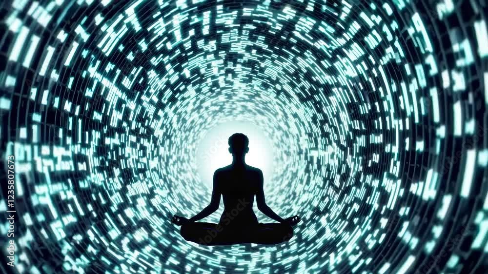 Poster digital streams encircle mindful practitioner. turquoise data patterns spiral around lone figure in 