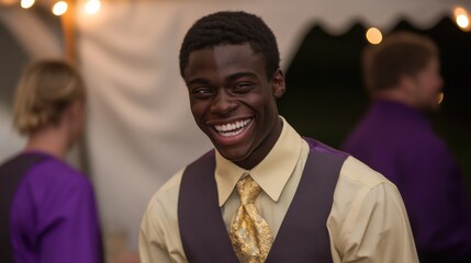 Happy groom smiling, wedding reception, outdoor tent, celebration